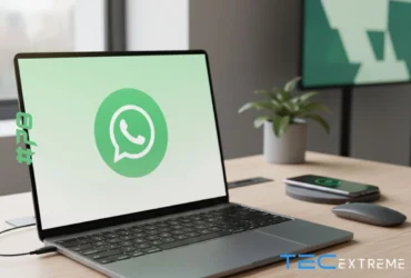Laptop na mesa com a tela exibindo o logo do WhatsApp para explicar como baixar e instalar WhatsApp, logo ao lado de um celular e mouse, com ambiente de escritório ao fundo.