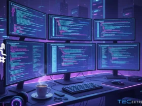 Imagem de uma estação de trabalho com cinco monitores exibindo códigos de programação, teclado, mouse, fones de ouvido e uma mesa organizada, ideal para simbolizar o dia do programador de software.