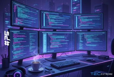 Imagem de uma estação de trabalho com cinco monitores exibindo códigos de programação, teclado, mouse, fones de ouvido e uma mesa organizada, ideal para simbolizar o dia do programador de software.