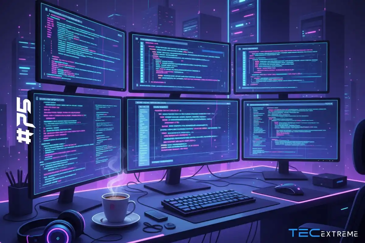 Imagem de uma estação de trabalho com cinco monitores exibindo códigos de programação, teclado, mouse, fones de ouvido e uma mesa organizada, ideal para simbolizar o dia do programador de software.