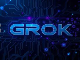 Imagem com a palavra GROK (Representando o post sobre Grok 3) em destaque sobre um fundo tecnológico com circuitos e elementos digitais, representando inovação e tecnologia.