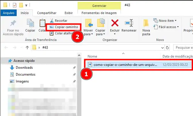 Imagem mostrando como copiar o caminho de um arquivo no computador. O processo é ilustrado em uma janela de gerenciamento de arquivos, destacando a opção 'Copiar caminho'.